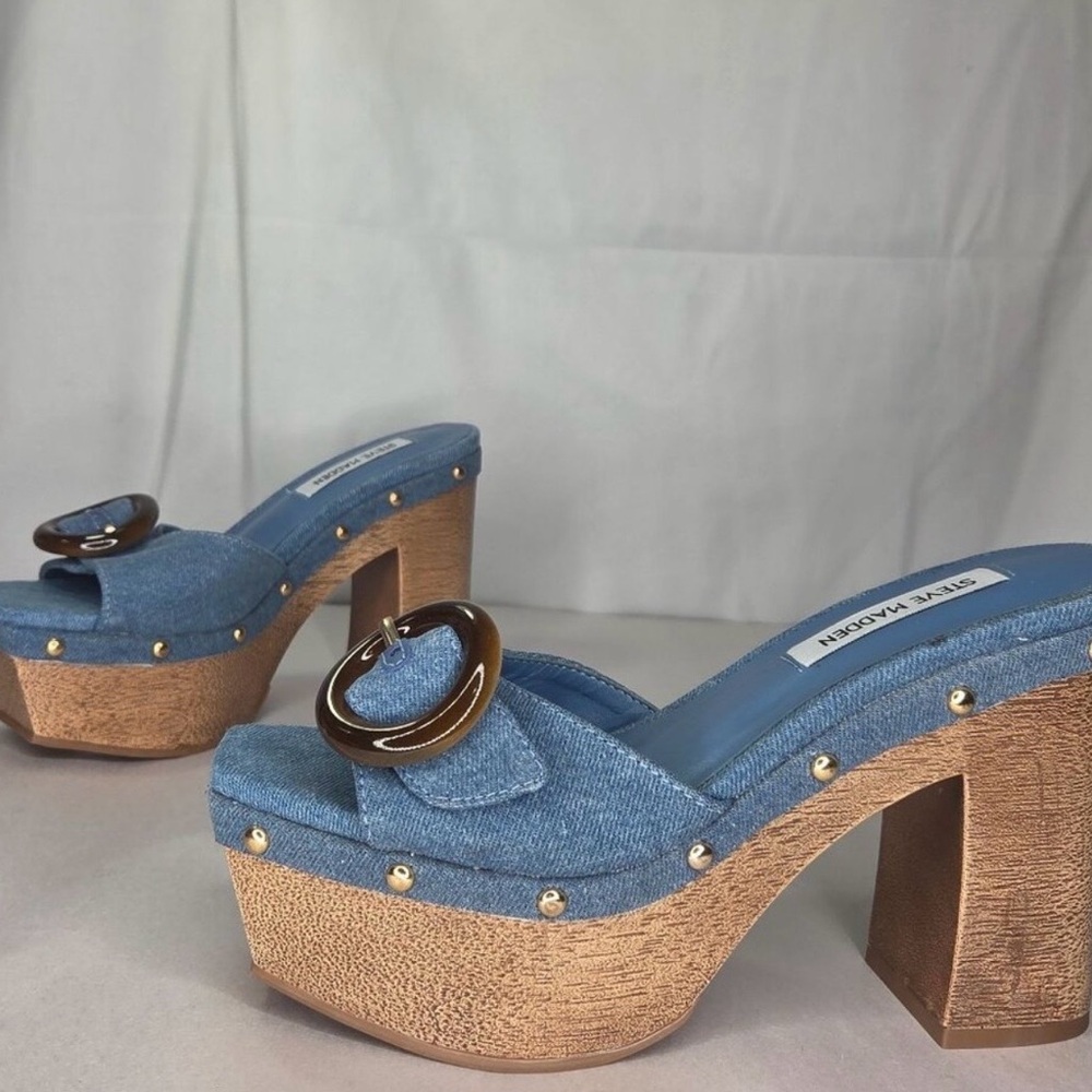 Steve Madden Light Blue Denim Platform Mules with Round Buckle